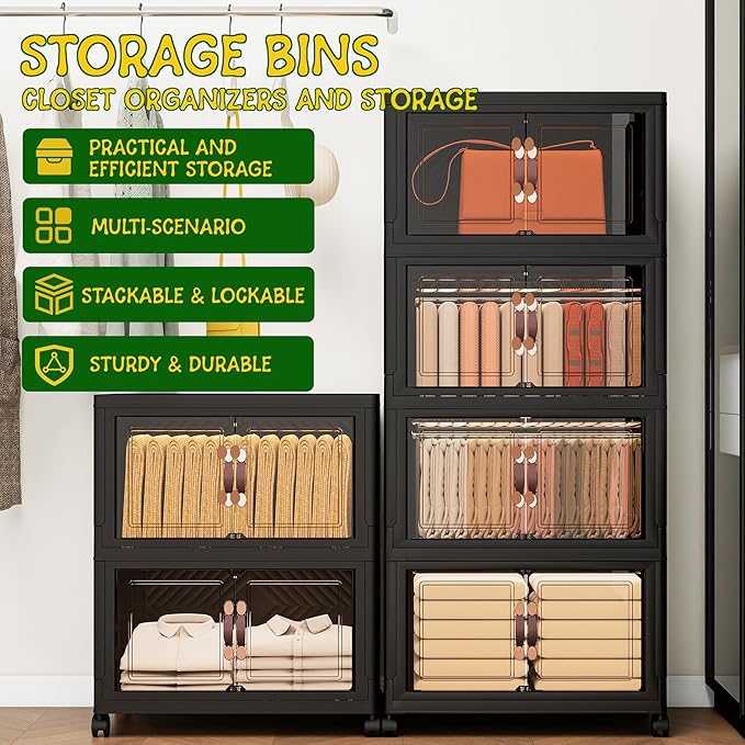 Storage Bins with 2 Lids and Wheels, 660QT-110QT*6Tier Collapsible Bathroom Storage Cabinet with Clear Doors, Plastic Stackable Closet Organizers and Containers Black