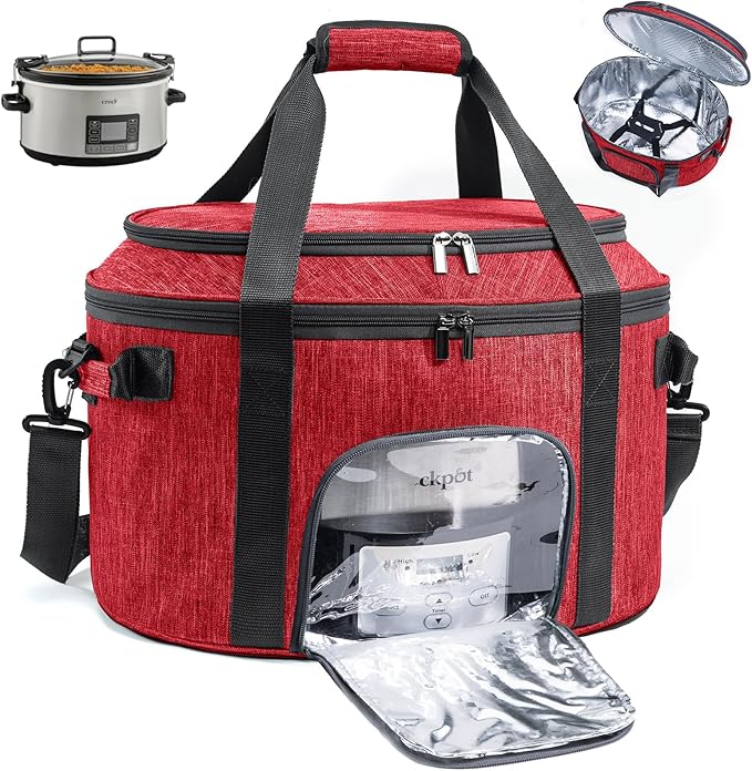 Double-Layer Slow Cooker Carrying Bag for 6-8 Quart CrockPot and Hamlton Beach Slowcooker, Travel Bag with Lid Fastener for Crock-pot, Portable Carrier with See-thought Window(BAG ONLY)