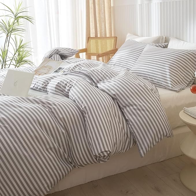 Queen Comforter Set Grey White Stripes Comforter 3 Pieces Fluffy Soft Lightweight Bedding Comforter for All Season Down Alternative Comforter Boho Farmhouse Bedding Striped Comforter Set
