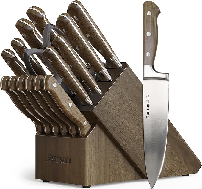 Astercook 17-Piece Forged Knife Set with Block | Full Tang Professional Kitchen Knives in Stainless Steel with Triple-Rivet Ergonomic Handles & Gift-Ready Collection