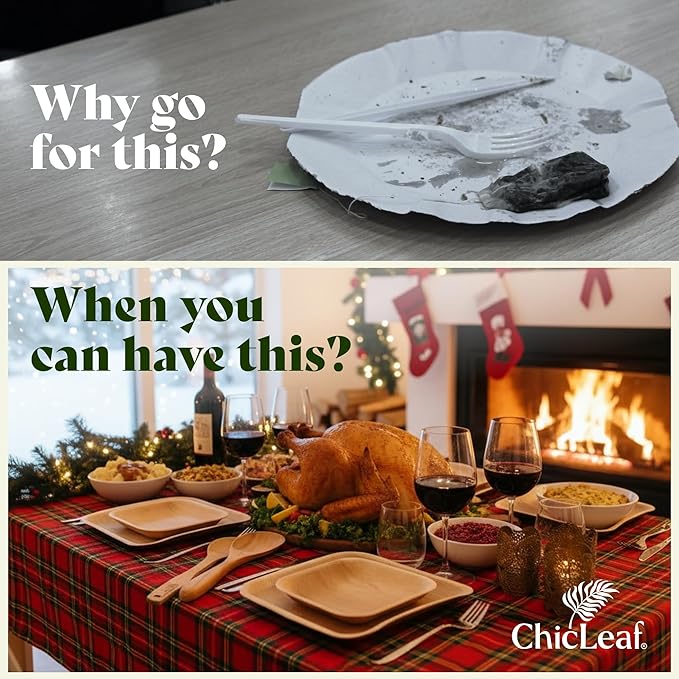 Chic Leaf Palm Leaf Plates Disposable Inch Square Pack Compostable Biodegradable & Eco Friendly Plates, Christmas Dinner Meal, Holiday Turkey - Microwave Safe Disposable (10'' - 25 Pack)