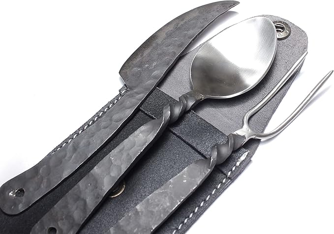 Handforged Medieval Cutlery Set - Stainless Steel Knife, Fork and Spoon Set - Includes Genuine Leather Utensil Pouch