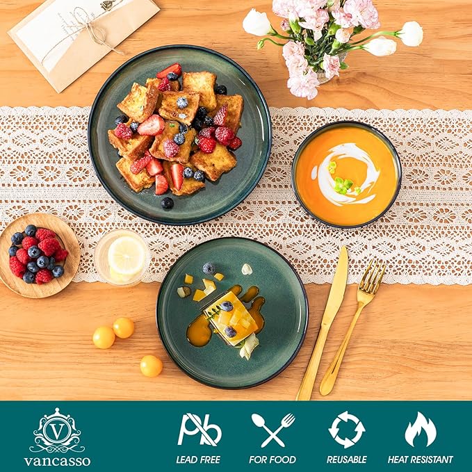 vancasso Starry 12 Pieces Dinnerware Sets for 4, Green Reactive Glaze Dishes Sets, Ceramic Plates and Bowls Set, Dinner Salad Dessert Plates, and Cereal Bowls Set, Dishwasher and Microwave Safe