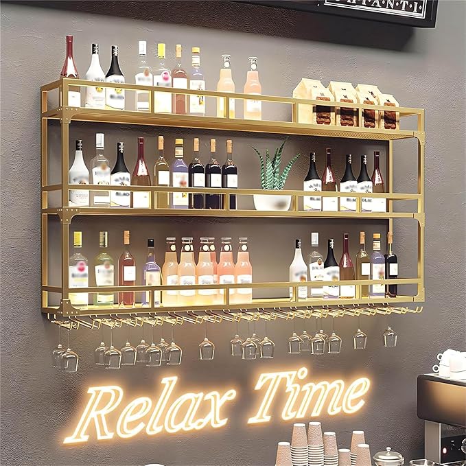 Wall Mounted Wine Rack, Floating Industrial Liquor Glass Holder 3 Tiers, Large Metal Wine Bottle Display Rack Hanging Shelf, for Home Bar Dining Room Decorative (Gold, 59.05x35.43x9.84in)