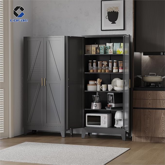 COFaR 71 in Tall Black Metal Cabinet, Metal Storage Cabinet with 4 Adjustable Shelves and Barn Doors, Farmhouse Cupboard Storage for Garage Kitchen Pantry Laundry, Black 5-Tier
