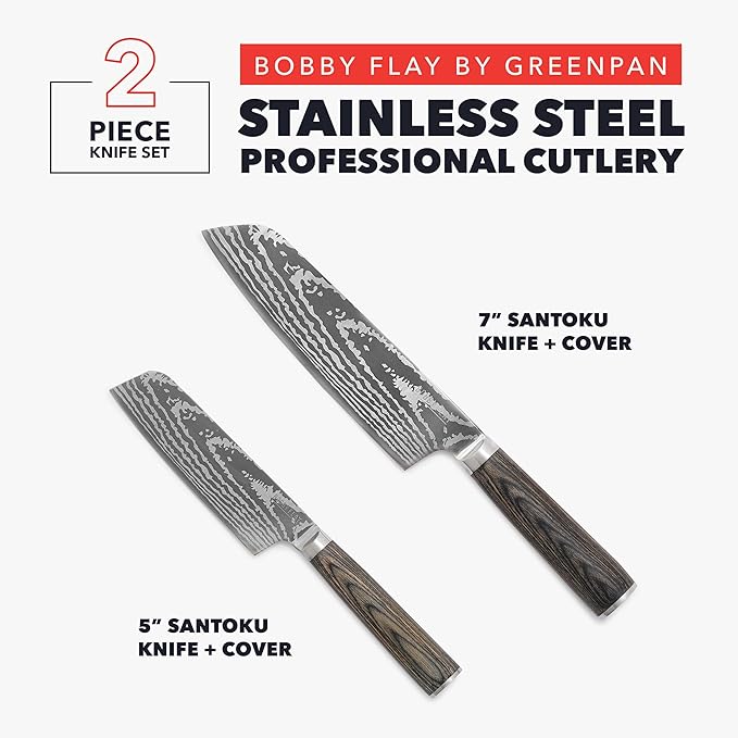 GreenPan x Bobby Flay 5??& 7??Santoku Knife Set, Premium Stainless Steel Blades, Precision Cutting Kitchen Tools, Ultra-Sharp Cutlery, Hand Finished Ergonomic Wood Handle, Damascus Steel Design
