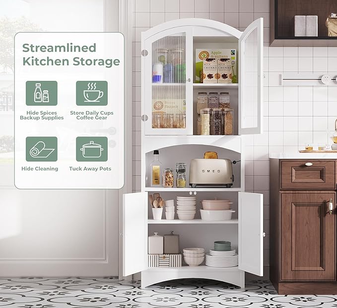 Kitchen Pantry Cabinet, Upgraded All Painted Tall Bathroom Cabinet, Modern White Kitchen Hutch W/Microwave Stand & Fluted Glass Doors, White Wooden Storage Cabinet for Living Dining Room