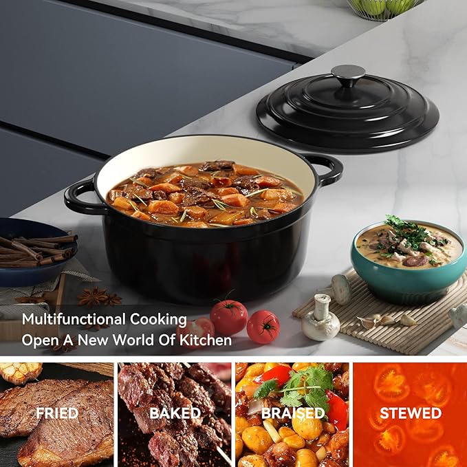Miereirl 4.5 Quart Enameled Dutch Oven Pot with Lid, Cast Iron Dutch Oven with Dual Handles for Bread Baking, Cooking, Non-stick Enamel Coated Cookware (Black)