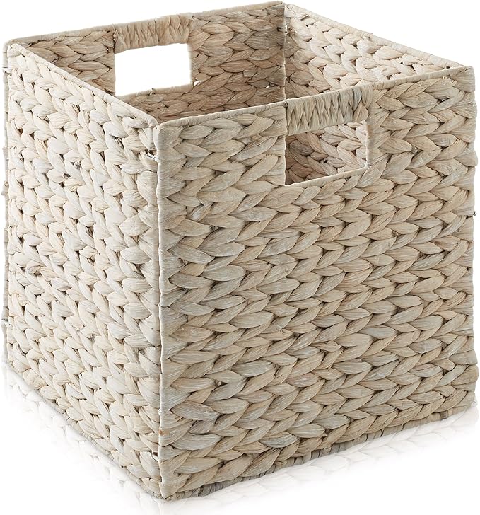 Casafield 12" x 12" Hyacinth Storage Baskets, Whitewash - Set of 2 Storage Organizers, Woven Wicker Cubes for Bathroom, Bedroom, Laundry, Shelves