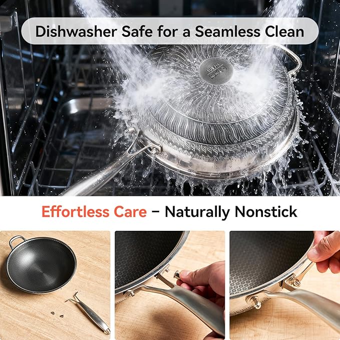 WANGYUANJI Upgraded Coating-Free 12.6" Stainless Steel Wok with Lid ??Enhanced Multi-Layer Steel, Flat-Bottom Stir-Fry Pan, Honeycomb Surface, Induction & Oven Safe