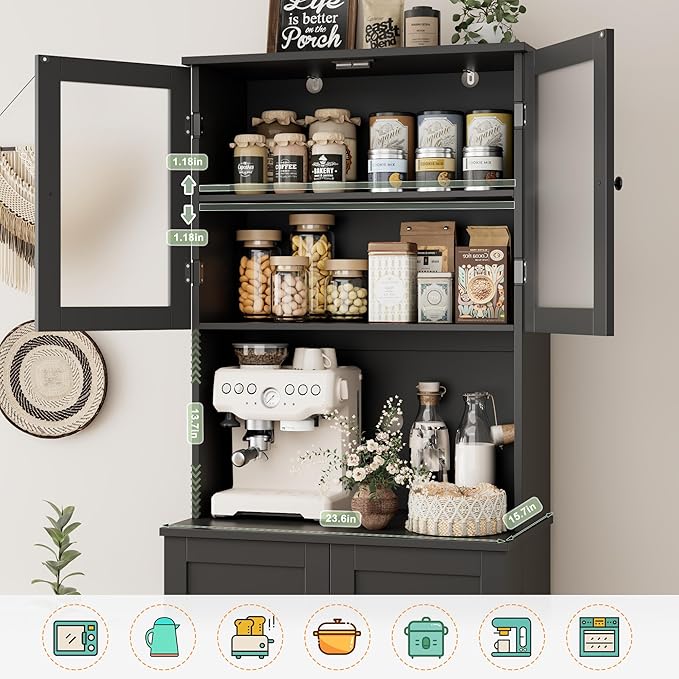 HOSTACK 71'' Pantry Cabinet, Tall Storage Cabinet with Microwave Stand, Freestanding Kitchen Hutch with Doors and Adjustable Shelves, Mordern Food Pantry for Kitchen, Dining Room, Black