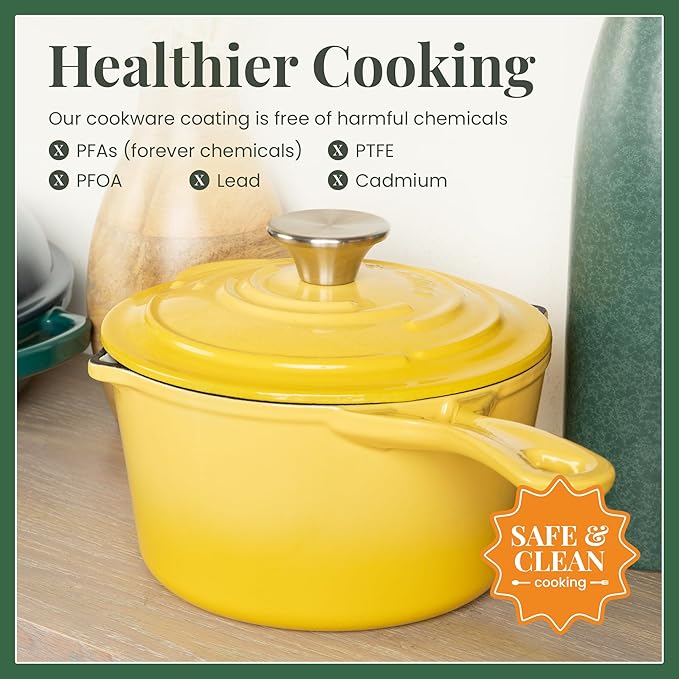 Larder & Vine Enameled Cast Iron Saucepan | 2.2 qt Sauce Pan with Lid | Saucepan with Pour Spouts | Enameled Cast Iron Pot Compatible on All Cooktops & Oven Safe to 500째 F | Limoncello