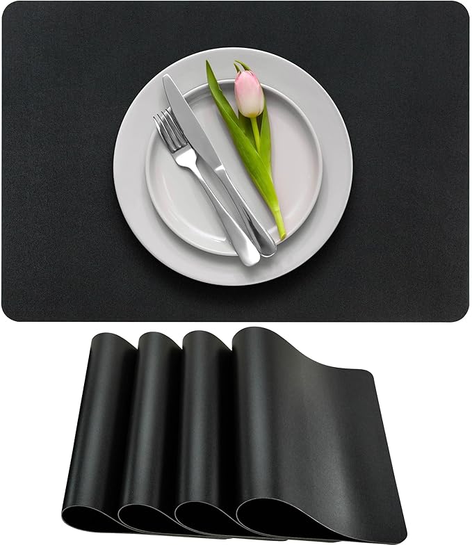 More D챕cor Faux Leather Placemats Set of 4 for Dining Table ??Waterproof, Wipeable, Washable, Stain & Heat Resistant, Non-Slip Table Mats ??12 X 17 Inch (Solid Black, 4)