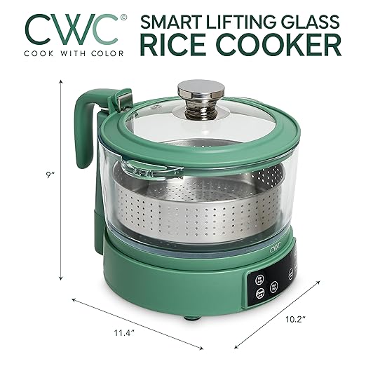 COOK WITH COLOR 3L Glass Mini Low Carb Rice Cooker ??Holds 2 Cups Raw/Makes 6 Cups Cooked with Auto Lift Filter Basket, Hotpot & Steamer for Rice, Grains, Digital Panel with Keep Warm, Dark Sage