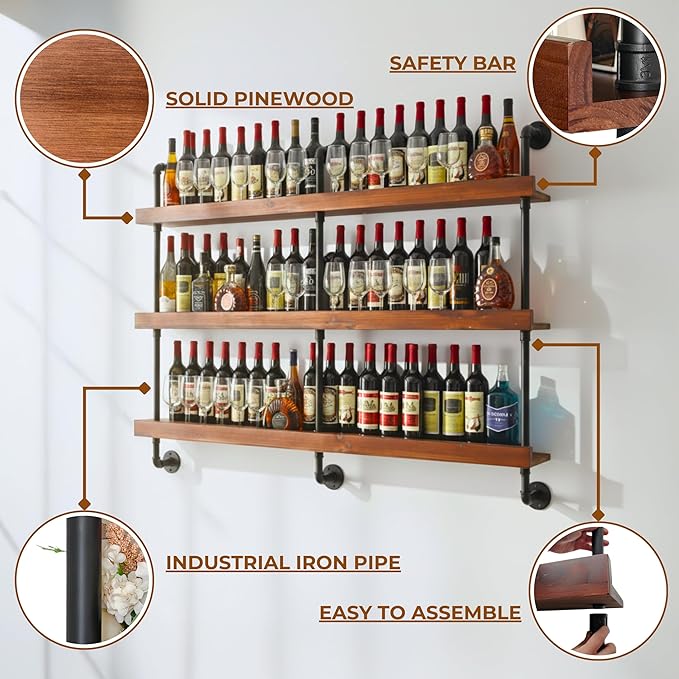 Industrial Wine Rack Wall Mounted, Solid Wood Shelf with Metal Pipe Brackets, 3-Tier Rustic Hanging Organizer for Wine Bottle Storage in Kitchen, Bar, Pub, Cellar(Walnut Brown, 60 Inch)
