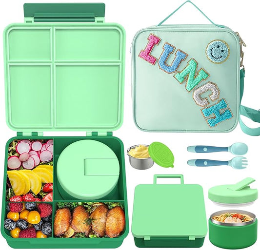 Aimsnk Kids Bento Lunch Box with 8oz Soup Thermo, Kids Leakproof Lunch Food Containers with 4 Compartment,Insulated Hot Food Jar with Lunch Bag for School, Travel (Green)