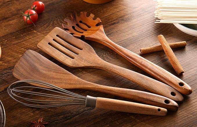 11Pcs Wooden Cooking Utensils Set, Teak Wooden Spoons for Cooking, Comfort Grip - Sturdy - Non Stick Wooden Spatulas for Stirring, Cooking, Kitchen Utensils Set with Stainless Holder