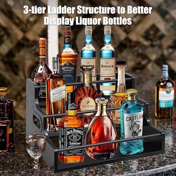 AT-VALY 3-Tier Liquor Bottle Display Shelf, Iron&MDF Countertop Wine Rack, Liquor Cabinet for Home Decor, Mini Bar(Black Grain)