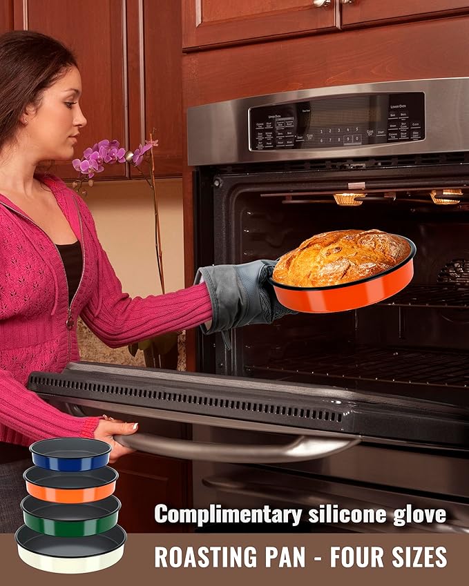 Round Baking Pan Set Roasting Dish 4-Pack 9/10/12/14 Inch Enamel Non Stick Large Cookware for Cake Bread Pie Pizza Turkey Steak, Non-Toxic Oven Dishwasher Safe, Christmas Gift Bakeware