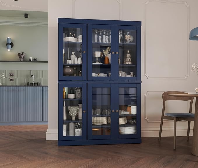 Palace Imports 100% Solid Wood 48.5" Pantry China Cabinet with Clear Glass Doors, 2-Drawers and Adjustable Shelves (Navy Blue)