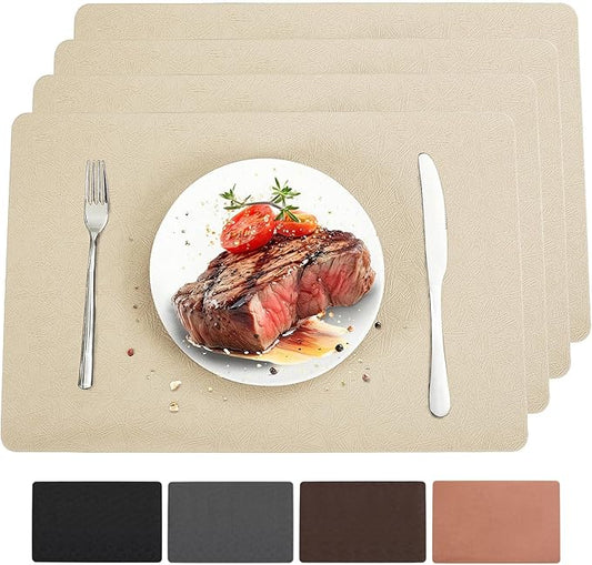 Bxzandya Vinyl Placemats Set of 4 Heat Resistant Easy Clean Non-Slip Place Mats for Dining Table Faux Leather Waterproof Stain Resistant Wipeable Washable PVC Table Mats(4, Beige)