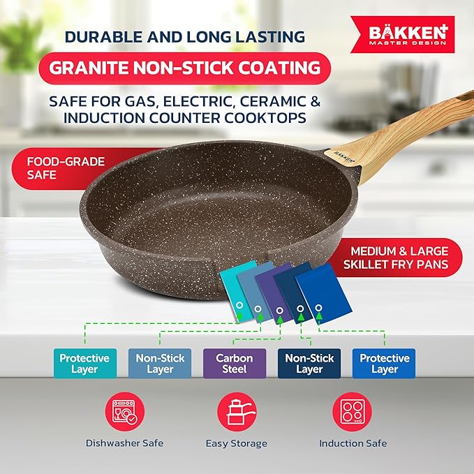 Bakken Master 20 Piece Cookware Set - Pots and Pans with Handle Grips and Tempered Glass Lids, With 6-piece Bakeware Set, Nonstick Granite Coating, Ceramic Max Temperature (Up To 500째F), Brown Marble