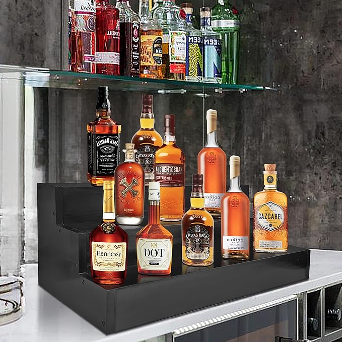 Royxen Wood Liquor Bottle Shelf 3 Tier Bar Shelf Freestanding Vintage Liquor Stand for Home Bar Decor (Black, 24 Inch Wide)