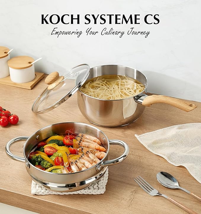 KOCH SYSTEME CS Stainless Steel Saucepan Set with Steamer, 18/10 Stainless Steel Pots 1QT& 2QT & 3QT, Sauce Pan Set with Cool-Touch Handles, Tri-Ply Steel Base, Induction Compatible Pots