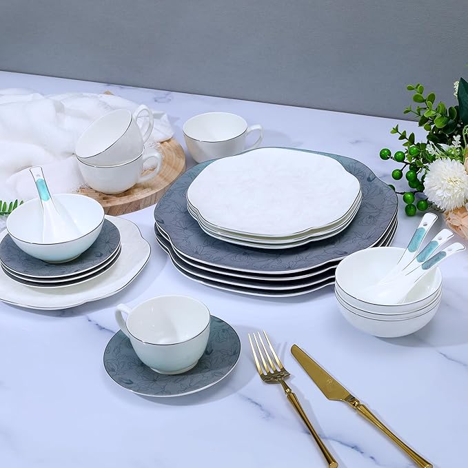 24 Piece Porcelain Dinnerware,Bone china Set for 4, Plates and Bowls Sets With exquisite Handmade Green Floral,Highly Chip and Crack Resistant | Oven & Dishwasher (Green + Floral)