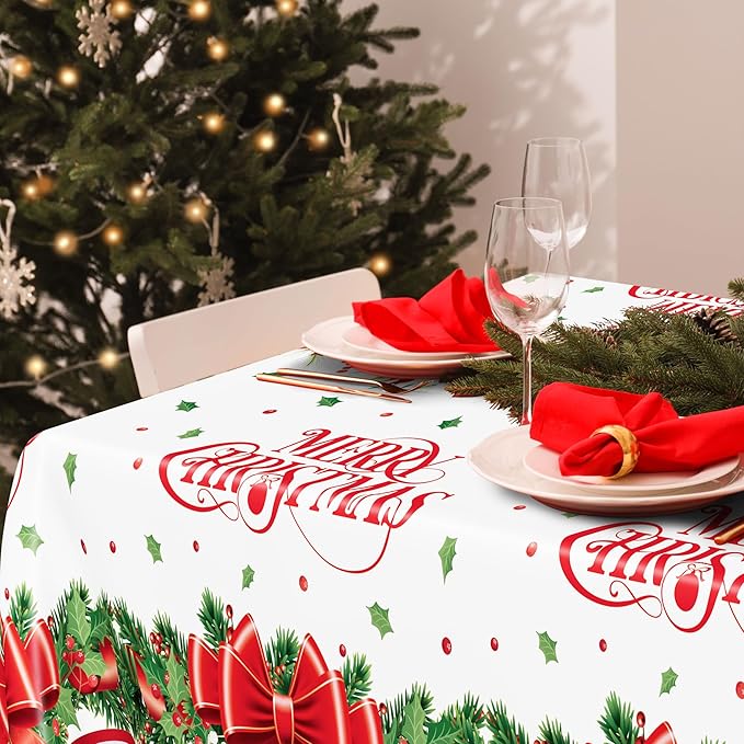 QZYL 2 Pack Christmas Tablecloths, 54" x 108" Xmas Plastic Table Cloth, Poinsettia Holly Bells Design Holiday Disposable Tablecover Rectangle Tablecloth, Christmas Decor Holiday Table Decorations