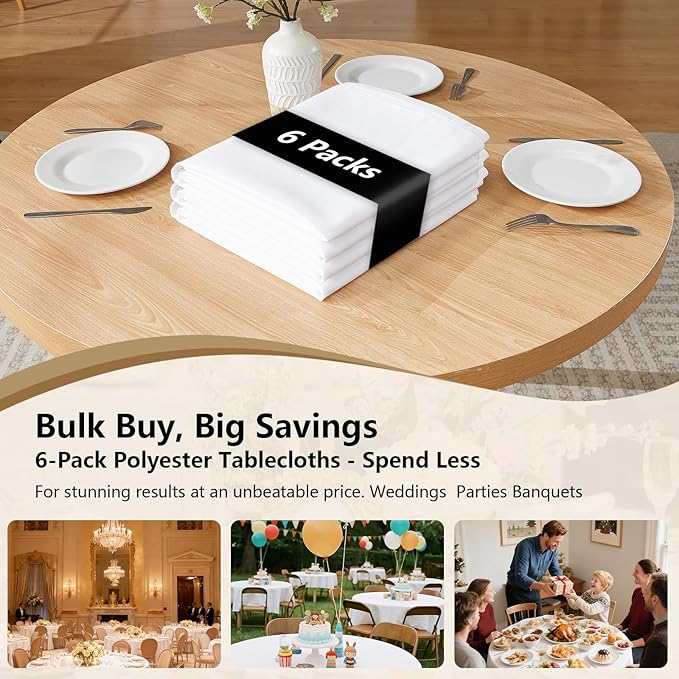 ITWMTTO 6-Pack White Round Tablecloth 120 Inch - Polyester Fabric Table Cloth Round Table Cover for Round Tables - Reusable & Washable