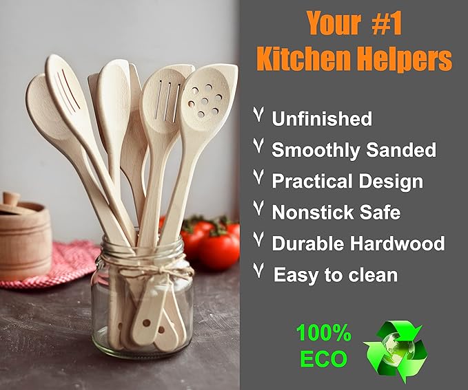 ECOSALL Healthy Wooden Spoons For Cooking Set of 6. Safe and Reliable Cooking Utensils for Kitchen ??100% Natural Nonstick Wood Spatula Spoon For Scraping, Stirring, Serving ??Uncoated Solid Hardwood