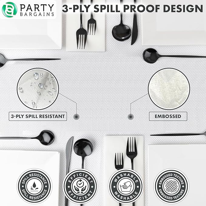 PARTY BARGAINS Disposable Table Covers, 54 x 108 Inch, White, 3-Ply Paper & Plastic Spill-Resistant Party Tablecloths, 5 Pack