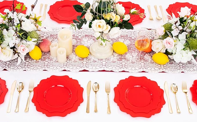 COLOSUS Disposable Plastic Plates 60Pcs, Christmas Red Plastic Party Plates, Heavy Duty 30 Dinner plate 10.5??and 30 Salad/Dessert Plate 8.25??for Christmas party dinner