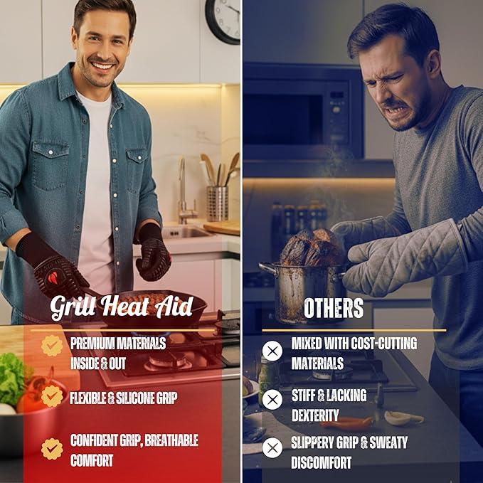 GRILL HEAT AID Extreme Heat Resistant BBQ Gloves - 1472째F Heat Proof Grill Gloves for Grilling EN407 Certified Fireproof Gloves for Fire Pit & Smoker, High Temp Grill Mitts for Outdoor Cooking & Oven