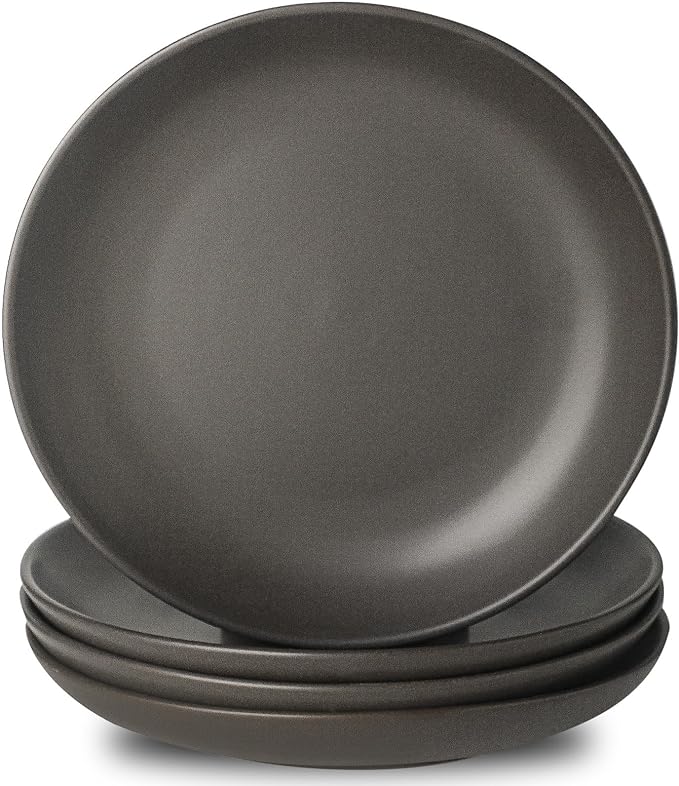 Stoneware Dinner Plates, 10 Inch Serving Dishes Set of 4 for Kitchen, Ceramic Dinnerware Dishes for Steak, Pancakes, Scratch Resistant Plate Set, Microwave & Dishwasher Safe, Matte Black