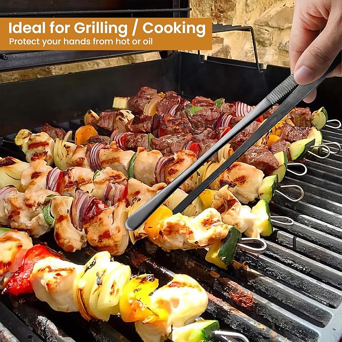 GEEKHOM 2 Pcs 12-Inch Barbecue Grill Tongs: Professional Stainless Steel Scissor Tongs with Serrated Tips for Flipping (Black)