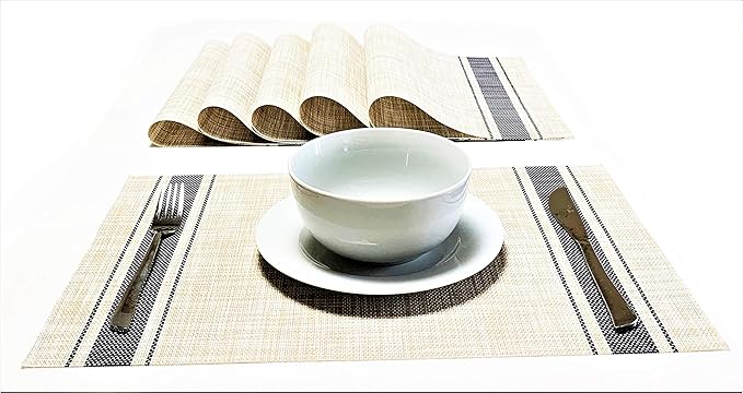 Set of 12 PVC Vinyl Woven Place mats, Heat Insulation Stain Resistant Stripe Placemats for Dining Table Durable Cross Weave Woven Vinyl Kitchen Table Mats Placemat (Blue)