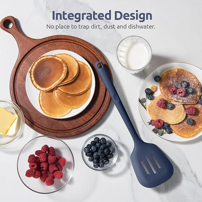 600쨘F Heat Resistant Slotted Turner: U-Taste 13.6" Silicone Kitchen Spatula Flipper, 3.74in Wide Food Grade Flexible Rubber Cooking Utensil for Egg, Pancake, Cookie, Nonstick Cookware-Midnight Blue