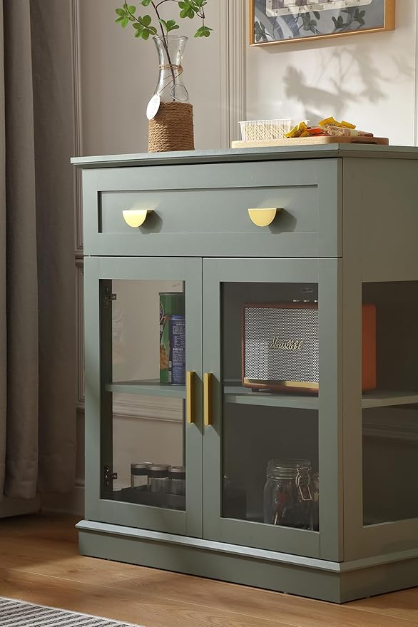 31.5'' Small Buffet Cabinet with Glass Doors,Small Coffee Bar Cabinet with Storage,Modern Sideboard Buffet with Adjustable Shelf and a Drawer,for Kitchen and Living Room,Green