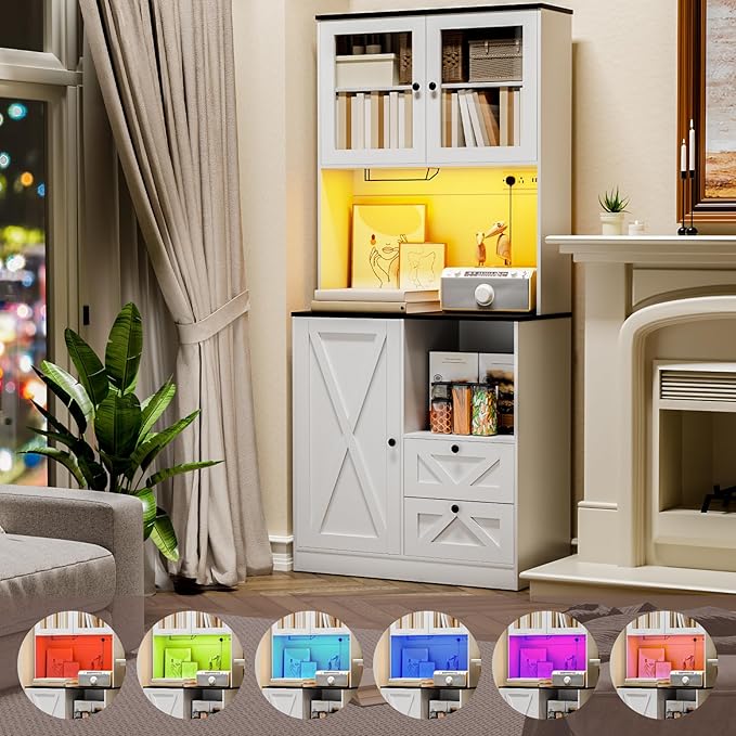 71?섃셁itchen Pantry Storage Cabinet with LED Lights and Power Outlet, Tall Farmhouse Kitchen Hutch with Microwave Stand,Globet Hooks and Adjustable Shelf for Dining Living Room,White