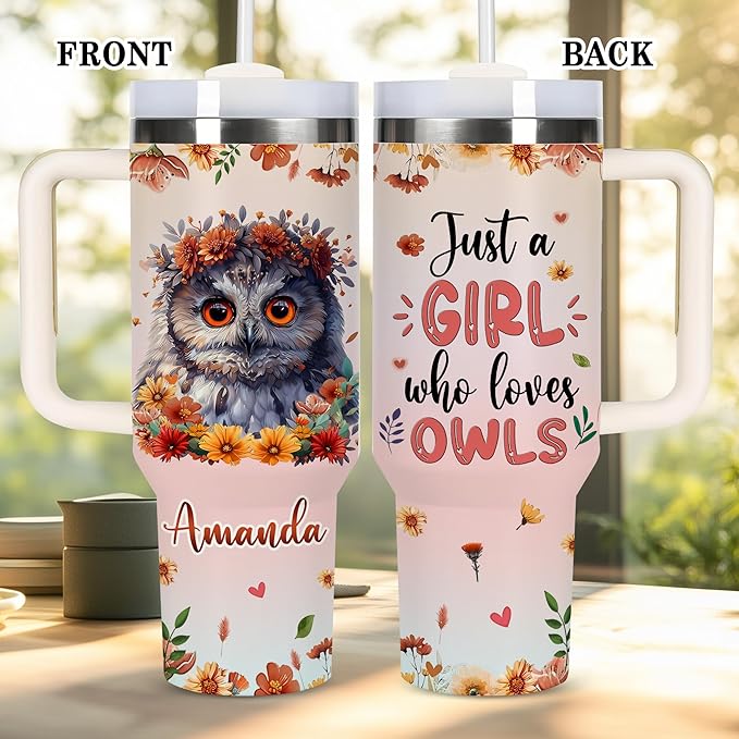 AGGLOMEKC Personalized Cute Owl Cup - Mother's Day Birthday Gift For Animal Lovers - Just A Girl Who Loves Owl Tumbler 40oz With Custom Name - Pet Lover Gifts For Women, Her
