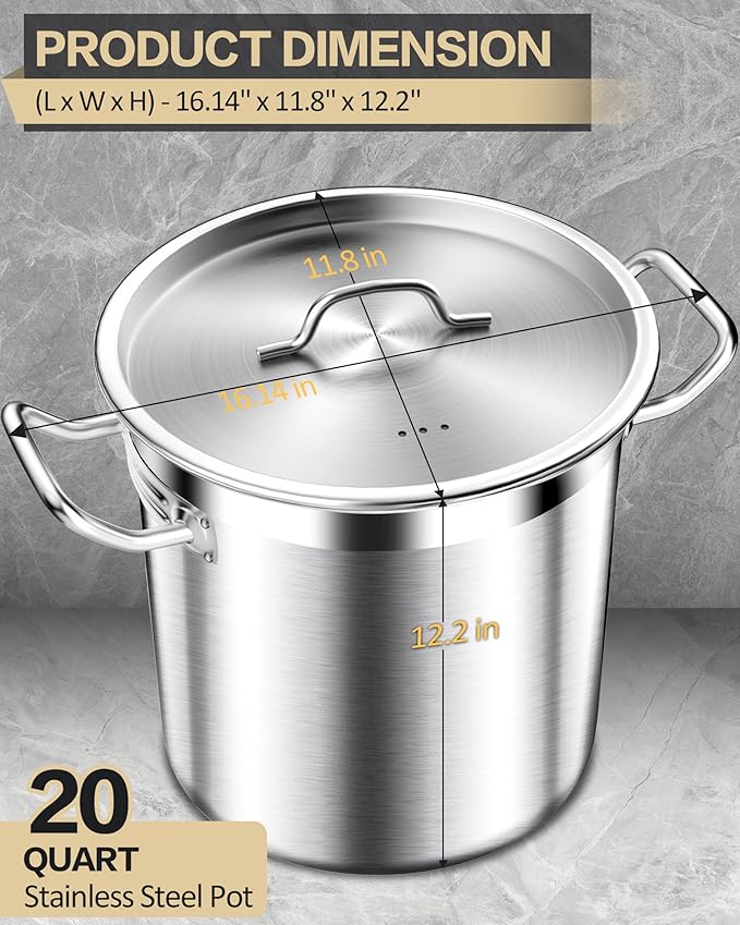 20 Quart Soup Pot with Lid ??Stainless Steel Stock Pot, Heavy Duty Cooking Pot for Soup, Pasta, Stew ??Induction & Oven Safe, Commercial & Home Use