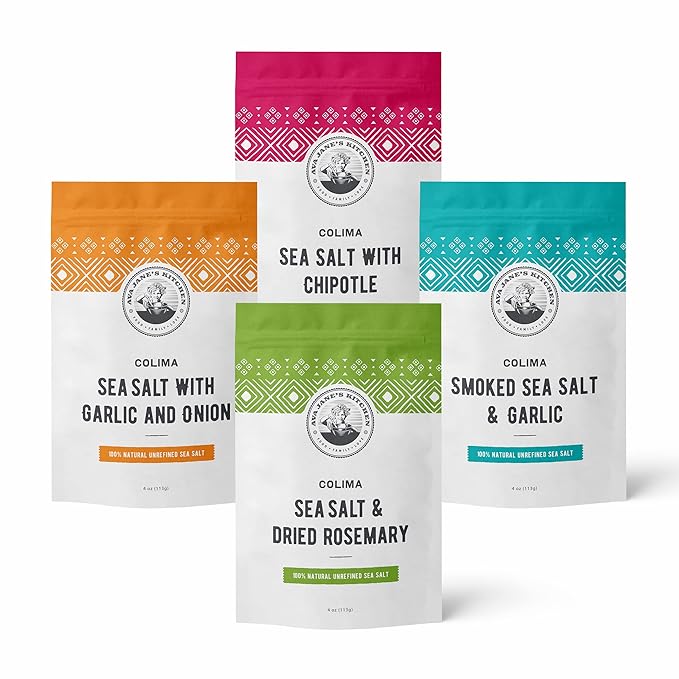 Colima Sea Salt New Flavors - 100% Natural Flaky Sea Salt With Four Different Flavors - Hand Harvested & Unrefined - For Meats, Vegetables, Grains, & Other Food - Organic Flaky Salt