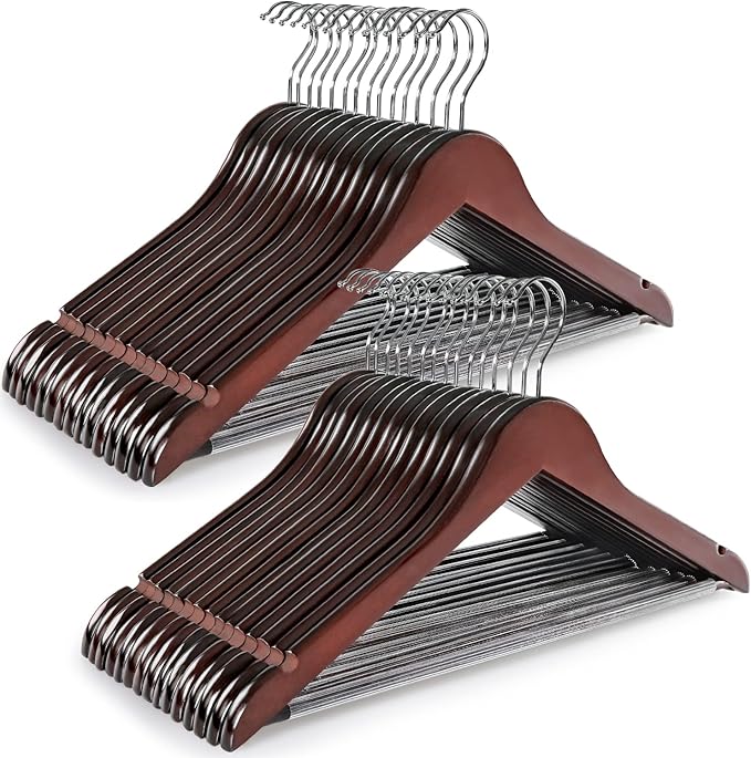 TOPIA HANGER Wooden Coat Hangers 30 Pack, Cherry Wood Suit Hangers with Non Slip Pants Bar, 360째 Swivel Hook and Shoulder Notches for Camisole, Jacket, Pants, Smooth Finish Clothes Hangers - CT34M30