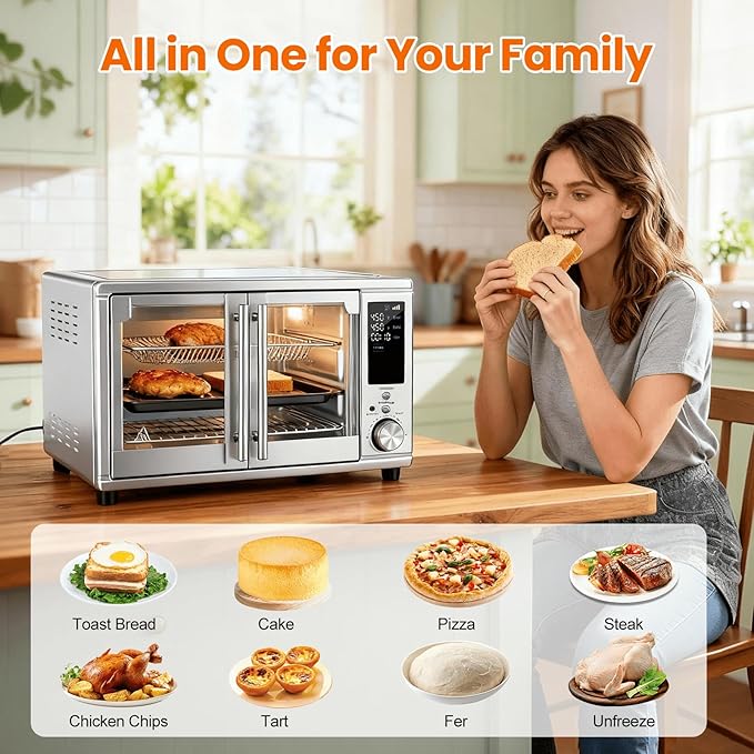 OLIXIS Air Fryer Toaster Oven Combo Dual Door, 29.6QT Oven Countertop 12 Functions in 1, 7 Accessories Included, Stainless, Up to 450°F