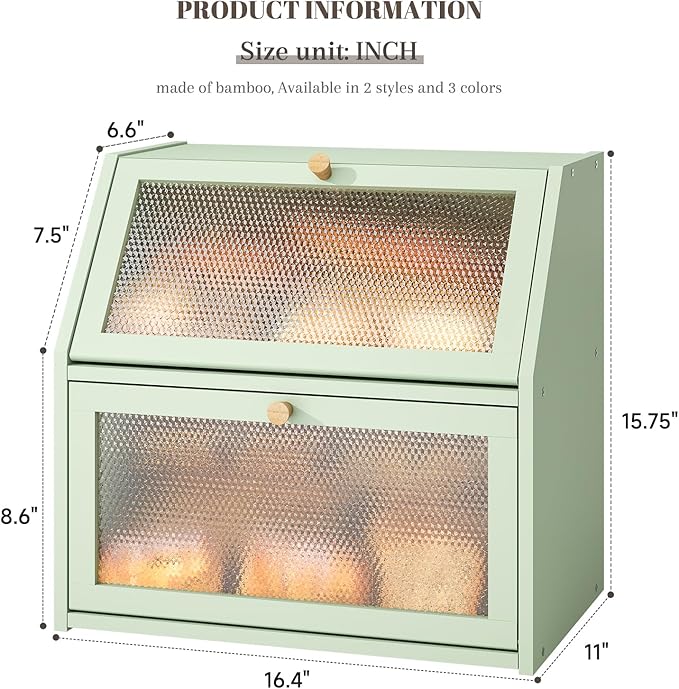 Bread Box for Kitchen Countertop Bin Double Layer Bread Box Storage Container Extra Large Capacity Farmhouse with Diamond Pattern Windows (Green, Extra Large)