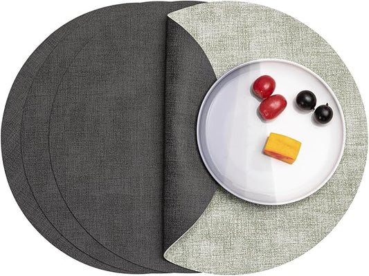 Myir JUN Round Placemats Dual Sided, Faux Leather Place Mats Set of 4 Indoor Placemat for Dining Table Outdoor Place mat Non-Slip Washable Table Mats (Gray Grass Green, Set of 4)