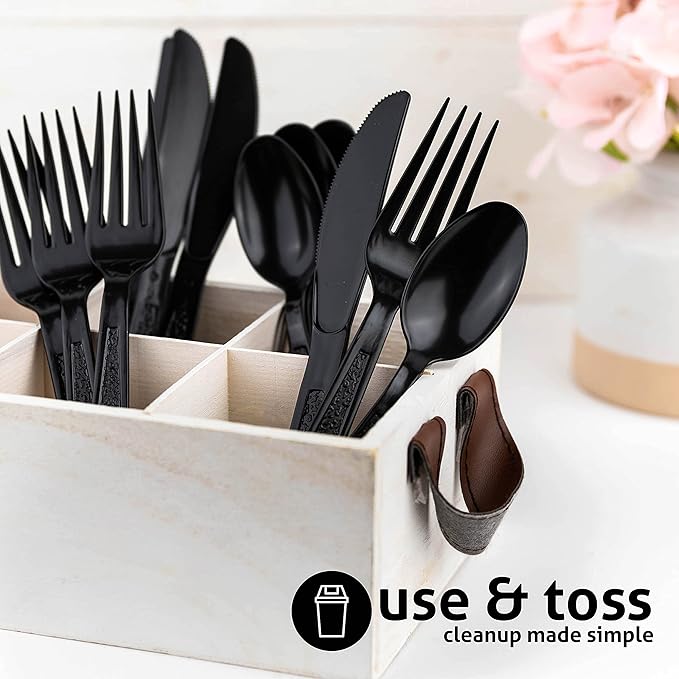 Heavy Weight Plastic Silverware Set - 200 Forks, 100 Knives, 100 Spoons - Disposable Cutlery Combo (Black)