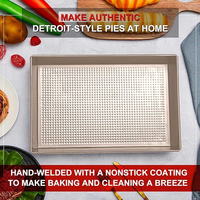 RimCereal 3 Pcs 10 x 14 x 2.36 in Detroit Style Pizza Pan Hard Rectangular Deep Pizza Pans Non Stick Sicilian Style Pan Dish Pre Seasoned Bakeware Kitchenware(Gold)